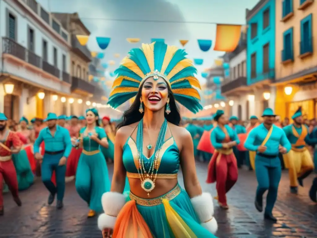 Vibrante Carnaval en Montevideo: Baile y color en las calles Vibrante Carnaval en Montevideo con bailarines y espectadores, ideal para marketing digital para promocionar Carnaval Uruguayo