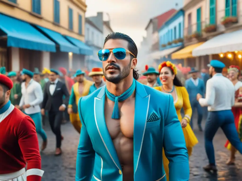 Carnaval vibrante en Uruguay: calle llena de color Vibrante Carnaval en Uruguay con bailarines y música en la calle, ¡descubre seguros de viaje Carnaval Uruguay!