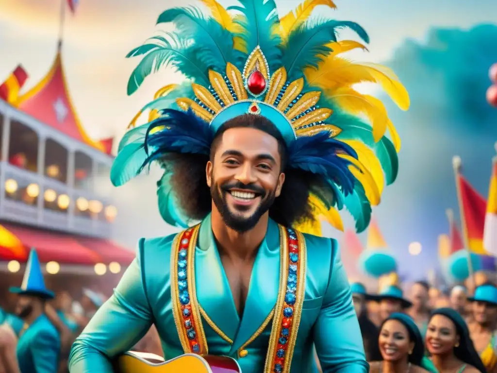 Retrato acuarela de Eduardo Mateo en desfile de carnaval vibrante Eduardo Mateo en vibrante Carnaval Uruguay: flotando entre bailarines y música festiva