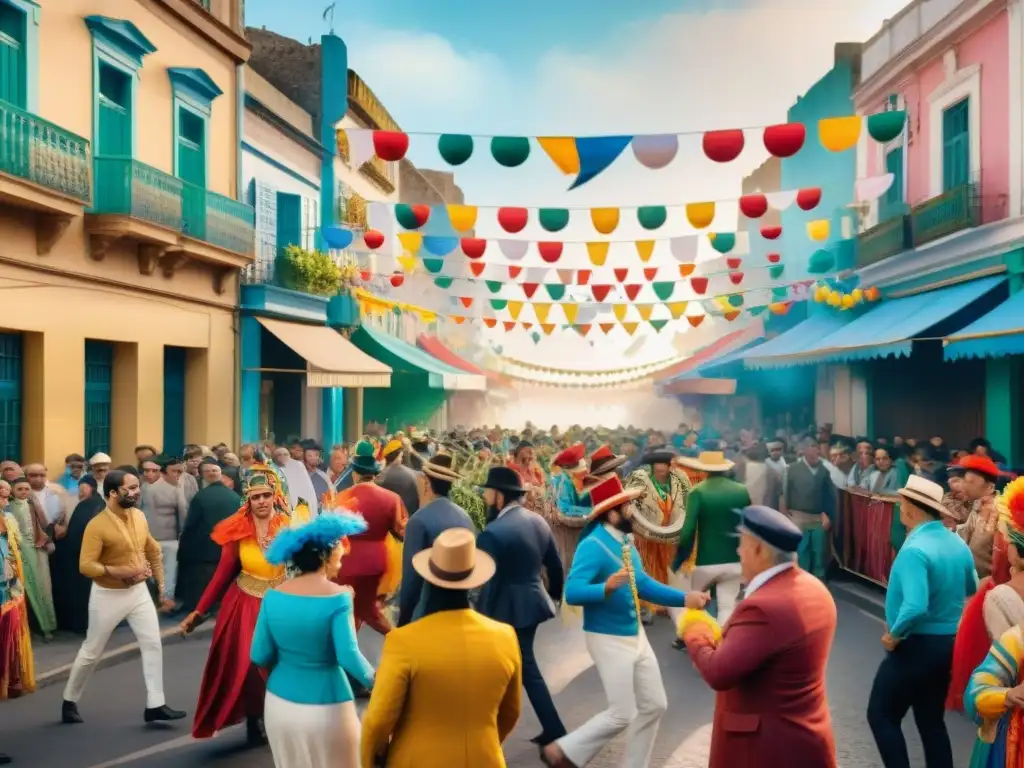 Carnaval en Montevideo: Fiesta colorida y vibrante Vibrante ilustración acuarela del Carnaval en Montevideo con bailarines y músicos
