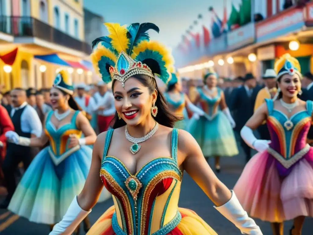 Colorido carnaval uruguayo: danzas, música y alegría Un vibrante carnaval en Uruguay: bailarines, músicos y espectadores celebran juntos