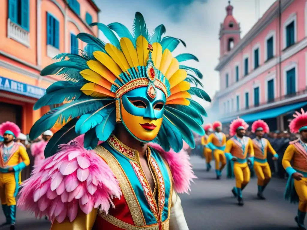 Fiesta de Carnaval en Uruguay: Colorida procesión entre máscaras y tambores Vibrante carnaval en Uruguay: bailarines con trajes espectaculares y carros alegóricos, en un desfile colorido