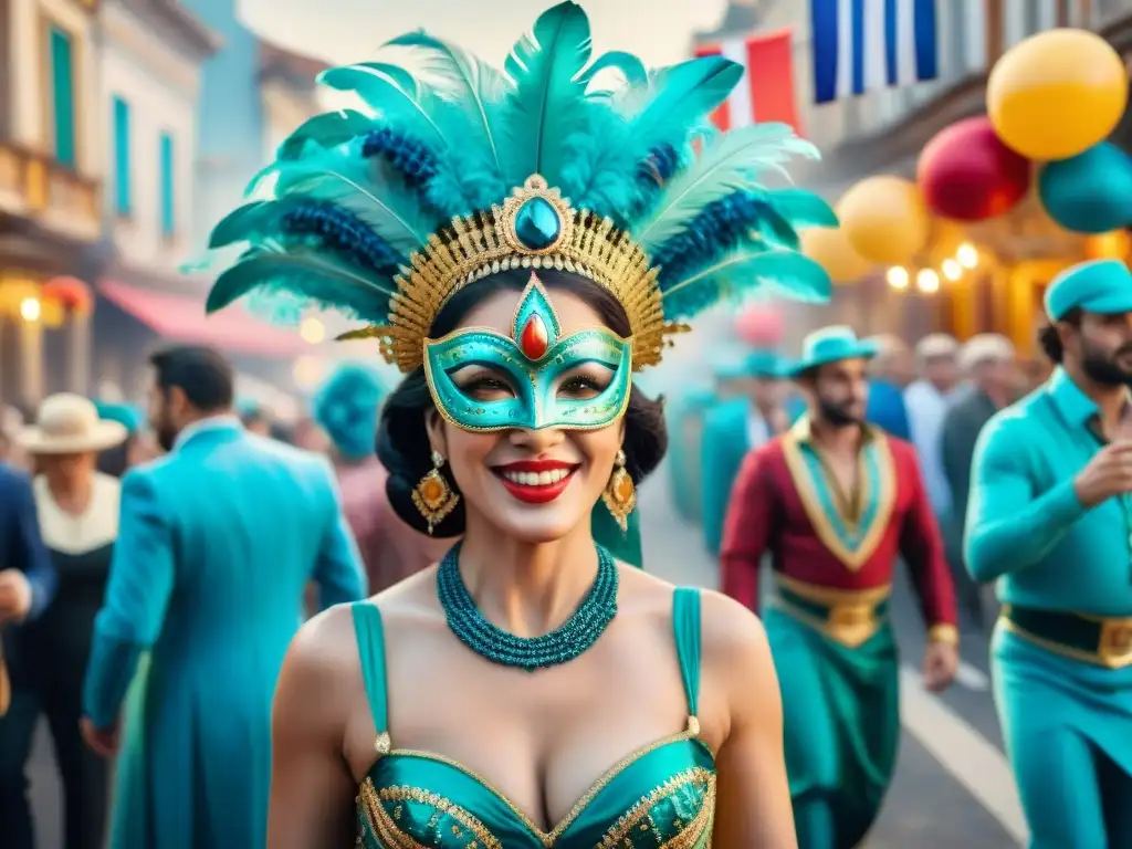 Carnaval en Uruguay: Pintura acuarela de calle vibrante Un vibrante Carnaval en Uruguay: calles llenas de coloridos trajes, música alegre y edificios históricos