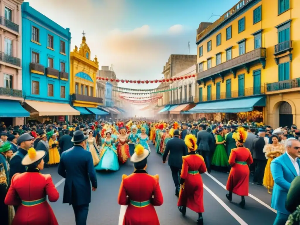 Vibrante Carnaval en Montevideo: pintura acuarela detallada Vibrante Carnaval en Montevideo: calles llenas de color, música alegre y arquitectura histórica