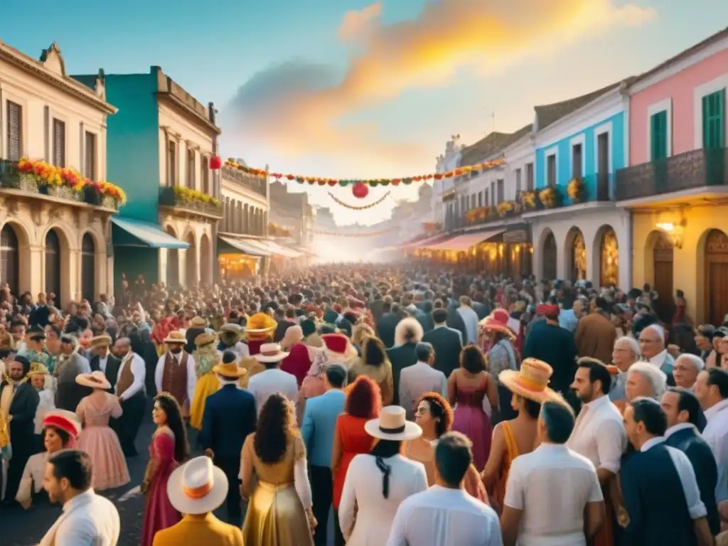Callejón uruguayo en Carnaval: color, música y alegría Un vibrante carnaval en las calles de Uruguay, lleno de coloridos trajes, música alegre y deslumbrantes carrozas