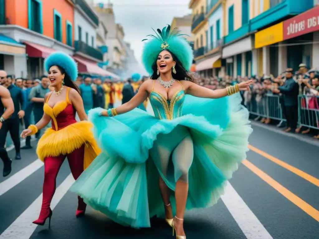 Carnaval en Montevideo: Desfile vibrante y colorido Un vibrante Carnaval en Montevideo con carrozas, bailarines y espectadores alegres