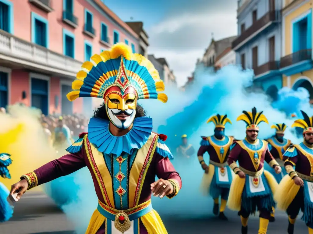 Deslumbrante Carnaval en Uruguay: acuarela detallada Vibrante ilustración acuarela del Carnaval en Uruguay con carrozas y danzas, reflejando la esencia del Merchandising oficial Carnaval Uruguayo