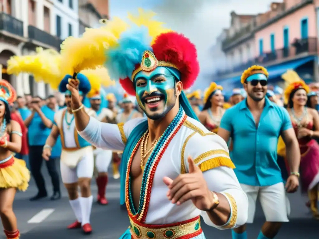 Deslumbrante Carnaval uruguayo: baile, color y alegría Vibrante Carnaval en Uruguay: danzarines, carrozas y espectadores, transmiten la energía festiva