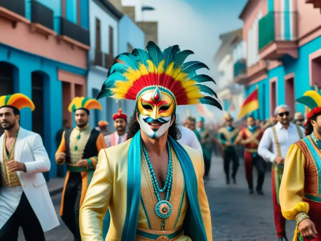 Carnaval en Uruguay: pintura acuarela de una calle vibrante y dinámica Vibrante ilustración acuarela del Carnaval en Uruguay con colaboraciones internacionales y coloridos trajes tradicionales