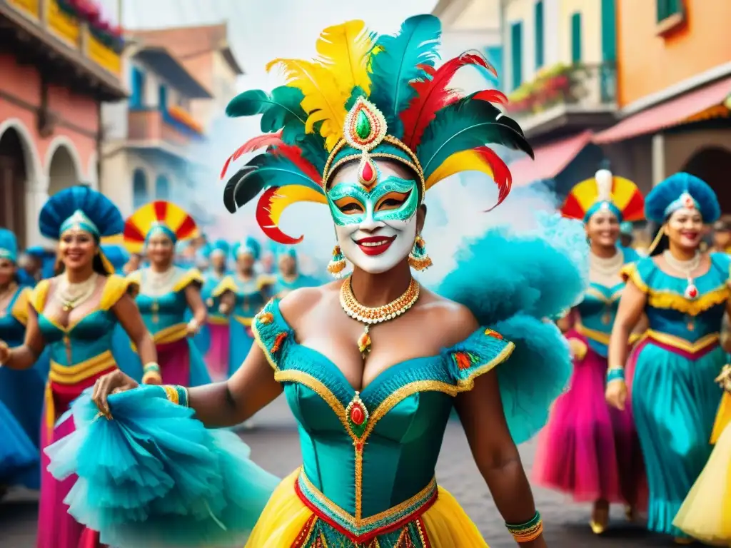 Vibrante Carnaval: calle llena de danzas y alegría Vibrante Carnaval: danzas, música y color en escena, reflejando la importancia económica de la celebración