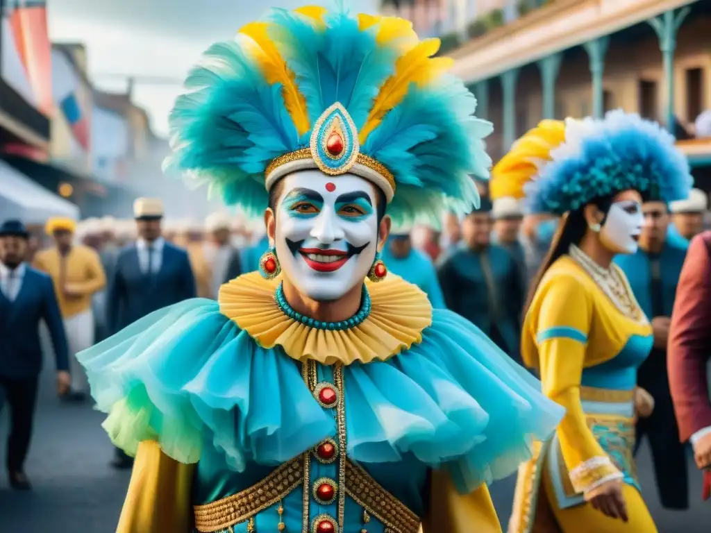 Vibrante carnaval uruguayo: comparsas coloridas en celebración Vibrante procesión de carnaval en Uruguay: comparsas coloridas y alegres danzando por las calles, con impacto en la identidad uruguaya