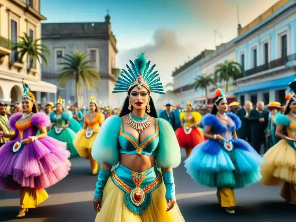 Desfile vibrante de Carnaval en Uruguay: ¡colores y energía festiva! Vibrante Carnaval en Uruguay: desfile colorido con bailarines, carrozas y multitud animada