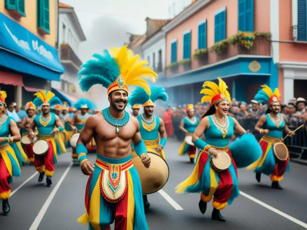 Pintura detallada del vibrante Carnaval en Uruguay Vibrante Carnaval en Uruguay: Desfile colorido con música, baile y símbolos tradicionales