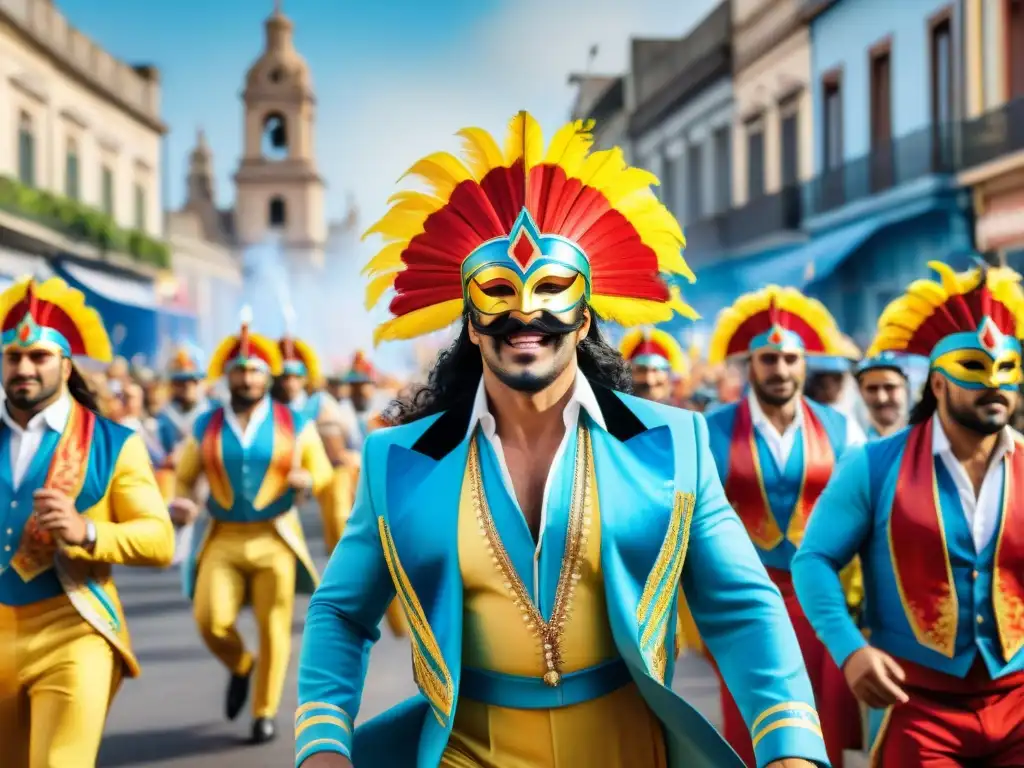 Deslumbrante Carnaval en Uruguay: Baile, color y alegría en acuarela 8k Vibrante Carnaval en Uruguay: desfile colorido con danzas, máscaras y música tradicional