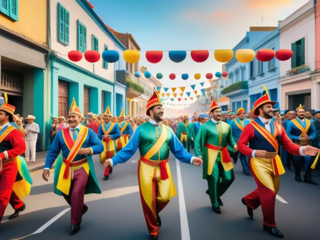 Deslumbrante Carnaval en Montevideo: pintura acuarela detallada Vibrante Carnaval en Uruguay: desfile colorido con música tradicional, espectadores aplaudiendo y banderas festivas