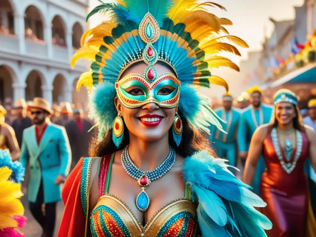 Desfile vibrante de Carnaval en Uruguay Vibrante Carnaval en Uruguay: desfile colorido con música y máscaras