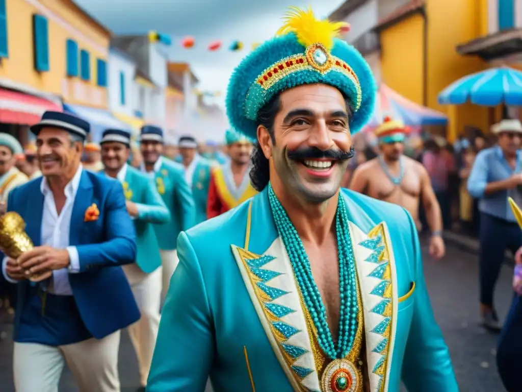 Deslumbrante Carnaval en Uruguay: pintura detallada en acuarela Vibrante Carnaval en Uruguay: desfile colorido con trajes tradicionales, músicos y espectadores disfrutando de la fiesta