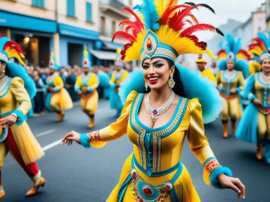 Carnaval en Uruguay: vibrante pintura acuarela Vibrante Carnaval en Uruguay: desfile colorido con trajes elaborados, carrozas y bailarines al ritmo de la música tradicional