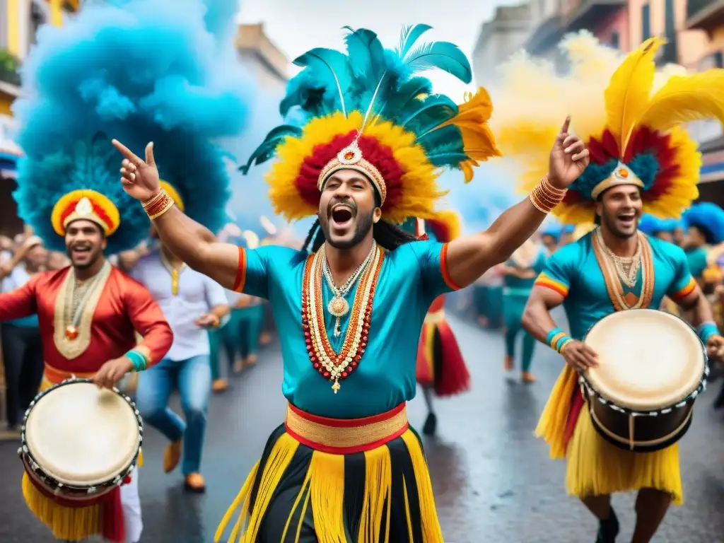 Carnaval en Uruguay: Desfile de Candombe Un vibrante Carnaval en Uruguay: coloridos bailarines de candombe, tambores y espectadores alegres en una escena callejera animada