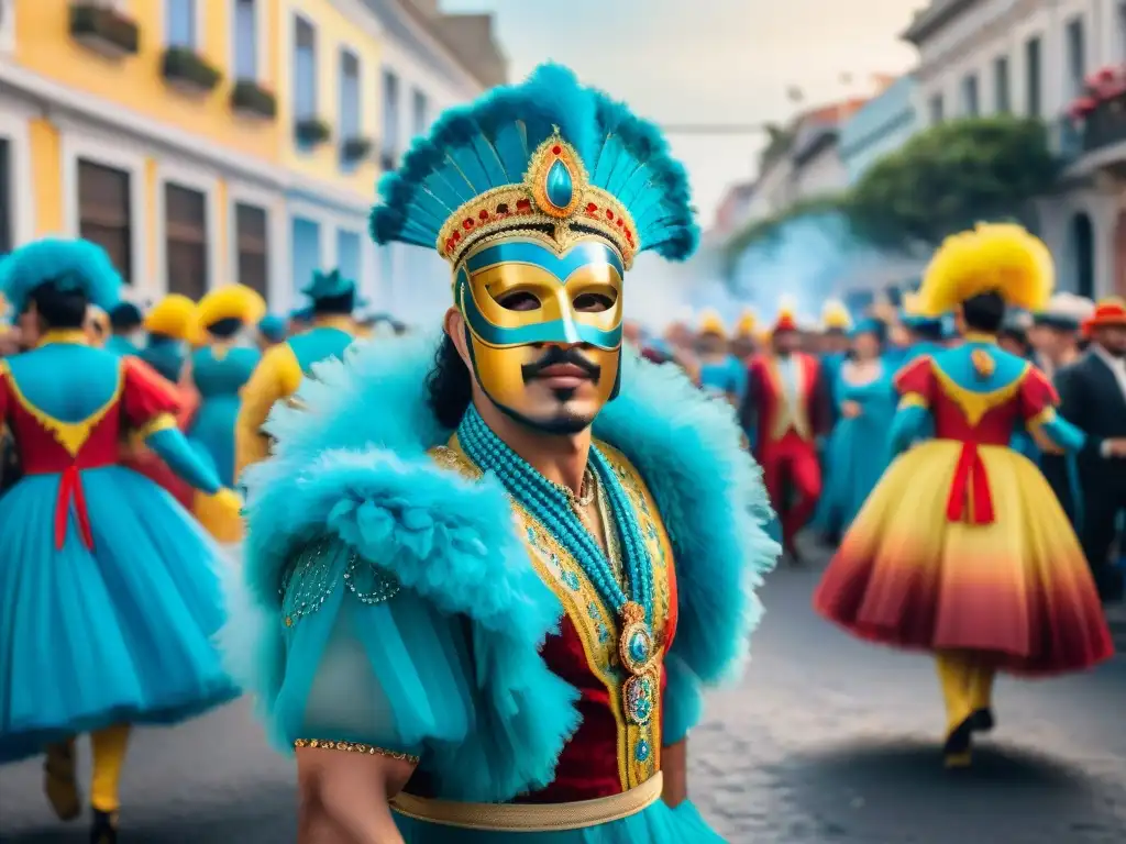 Colorido Carnaval en Uruguay: Detalles vibrantes y festivos Vibrante Carnaval en Uruguay: coloridos bailarines y músicos con detalles en sus trajes y máscaras, arquitectura tradicional de fondo