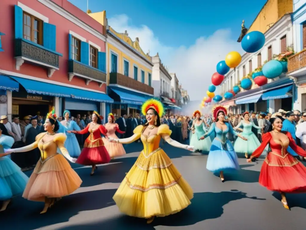 Deslumbrante carnaval uruguayo: pintura acuarela de calle vibrante Vibrante carnaval en Uruguay: coloridos desfiles, espectadores emocionados y arquitectura tradicional