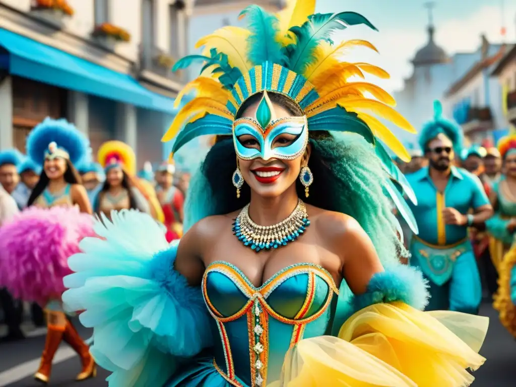Carnaval en Uruguay: Colorida celebración y danza Vibrante ilustración acuarela del Carnaval en Uruguay, con coloridos trajes y bailarines al ritmo de la música