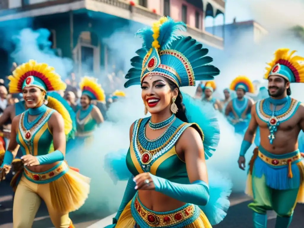 Vibrante Carnaval en Uruguay: pintura acuarela llena de color y energía Vibrante Carnaval en Uruguay: coloridos trajes, baile y música tradicional