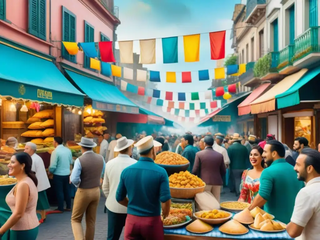 Colorida pintura acuarela del Carnaval en Montevideo Vibrante Carnaval en Montevideo: coloridos trajes, expresiones alegres y delicias uruguayas en puestos callejeros