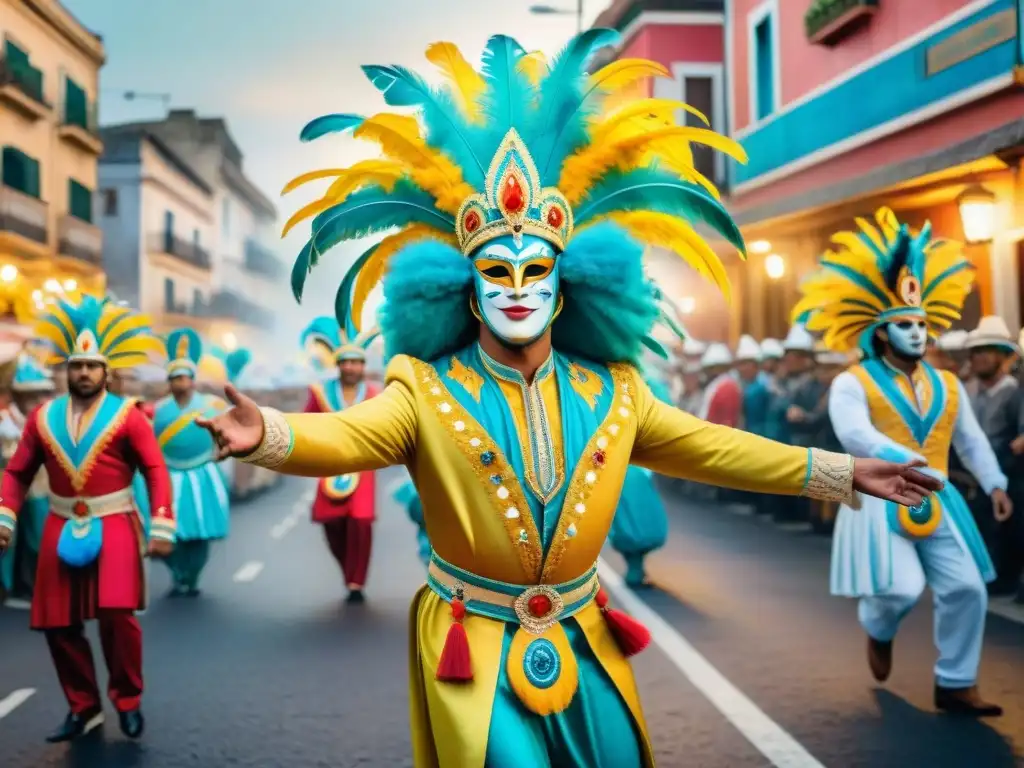 Carnaval en Uruguay: Colorida celebración pintada en acuarela Vibrante Carnaval en Uruguay con comparsas coloridas y máscaras, resaltando el impacto tecnológico en comparsas uruguayas