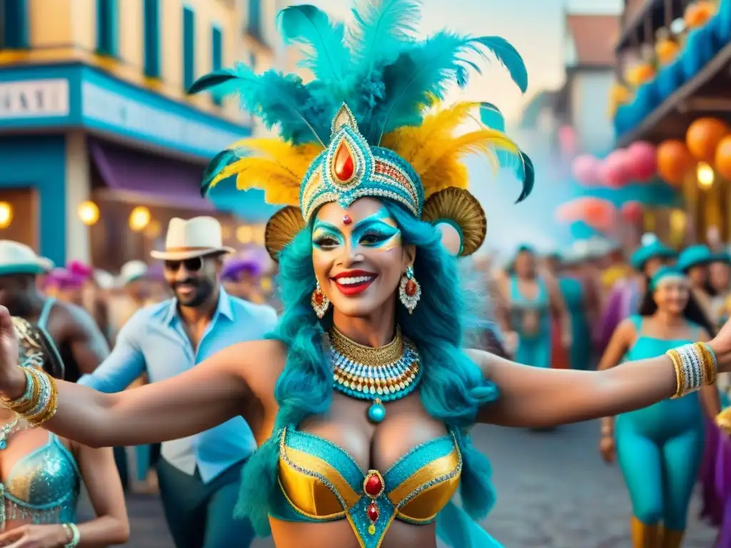 Carnaval vibrante: ilustración acuarela detallada Vibrante Carnaval con conexión digital, nuevas generaciones celebran en las calles