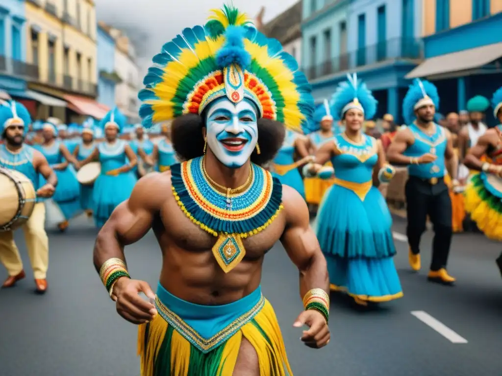 Deslumbrante Carnaval en Uruguay: fusión cultural en acuarela Vibrante Carnaval en Uruguay fusionando culturas brasileñas y uruguayas con música, baile y coloridos trajes