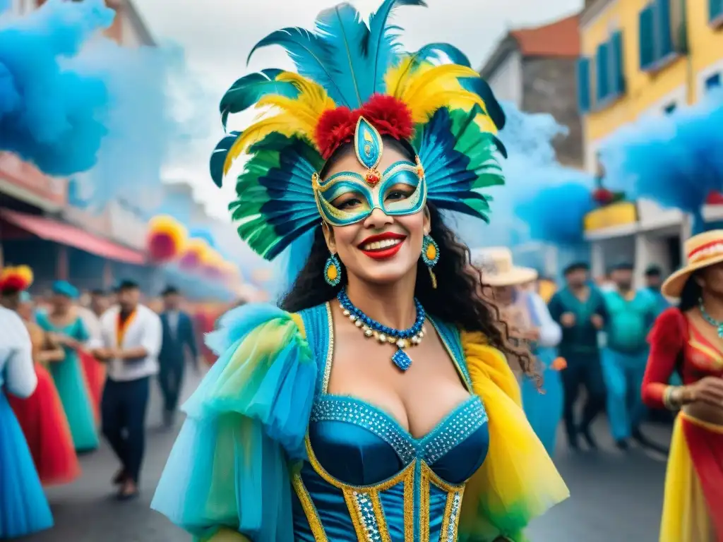 Carnaval en Uruguay: vibrante ilustración acuarela de fiesta callejera Una ilustración vibrante del Carnaval en Uruguay, con danzas, desfiles y colores festivos