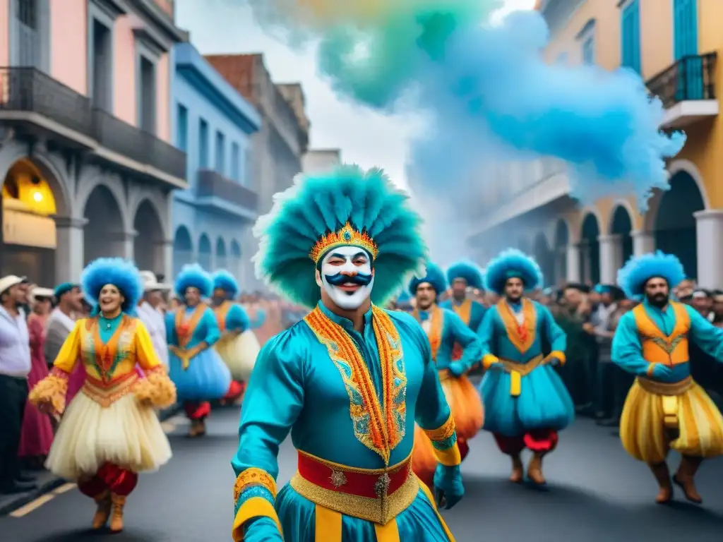 Deslumbrante Carnaval en Uruguay: alegría y coloridos desfiles Una ilustración acuarela del vibrante Carnaval en Uruguay, con desfile de colores y energía