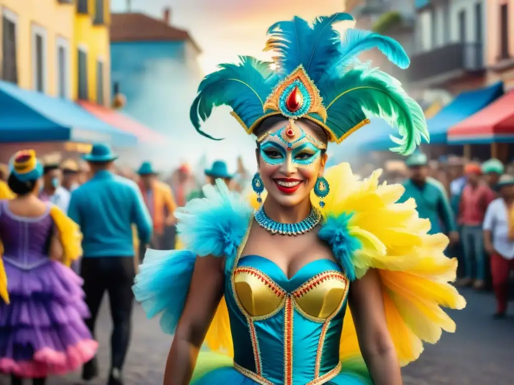 Carnaval colorido y vibrante en Uruguay Celebración vibrante del Carnaval en Uruguay 2021: desfile colorido, danzas energéticas y música tradicional en una calle bulliciosa