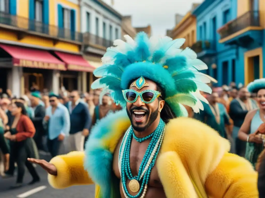 Deslumbrante Carnaval en Uruguay: Calle llena de vida y color Una vibrante ilustración acuarela de Carnaval en Uruguay, con desfile y multitud