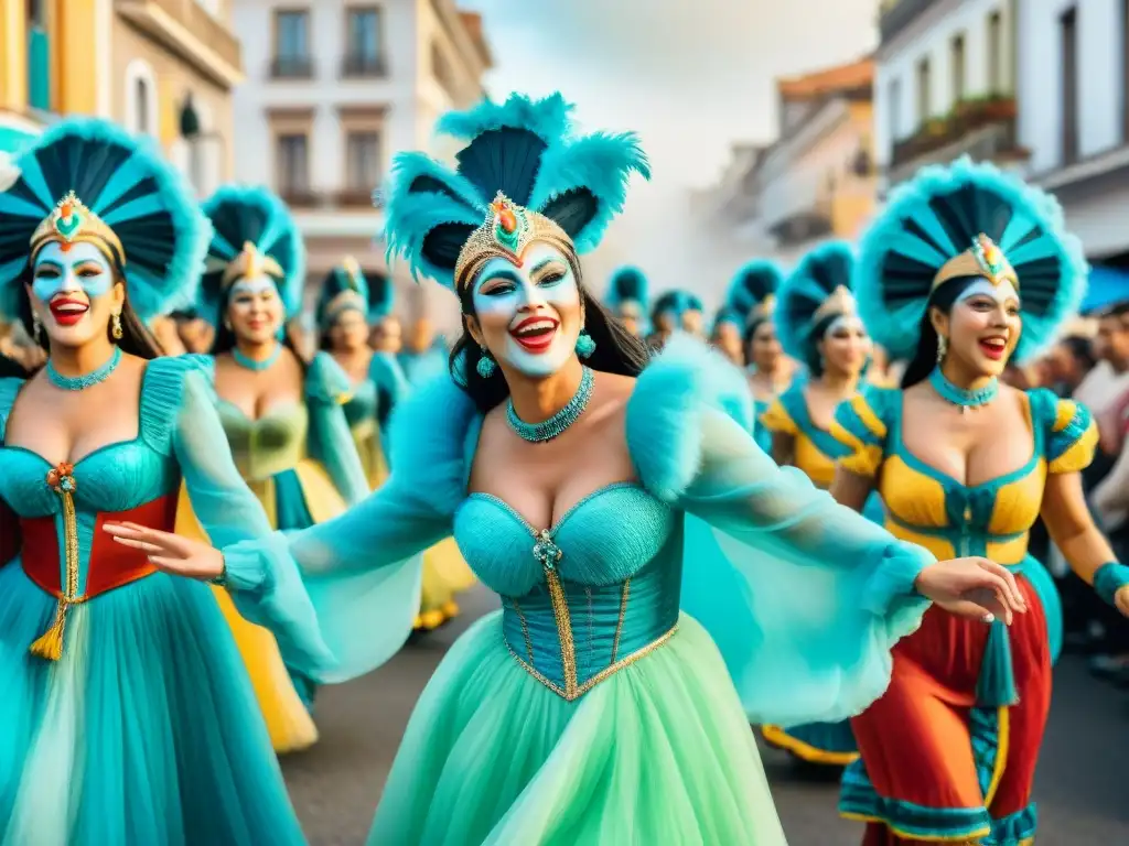 Desfile de Carnaval en Uruguay: ¡color y alegría! Una ilustración acuarela vibrante del Carnaval en Uruguay, con desfiles, bailarines y músicos