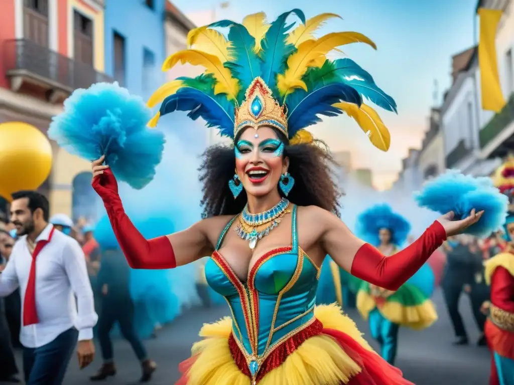 Deslumbrante desfile de Carnaval en Uruguay Vibrante ilustración acuarela del Carnaval en Uruguay 2023 con desfiles, bailarines y espectadores