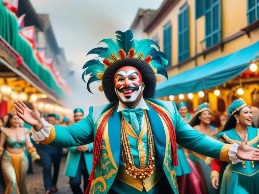 Vibrante Carnaval en Uruguay: una ilustración acuarela llena de vida Vibrante ilustración acuarela del Carnaval en Uruguay, con desfiles coloridos y espectadores alegres