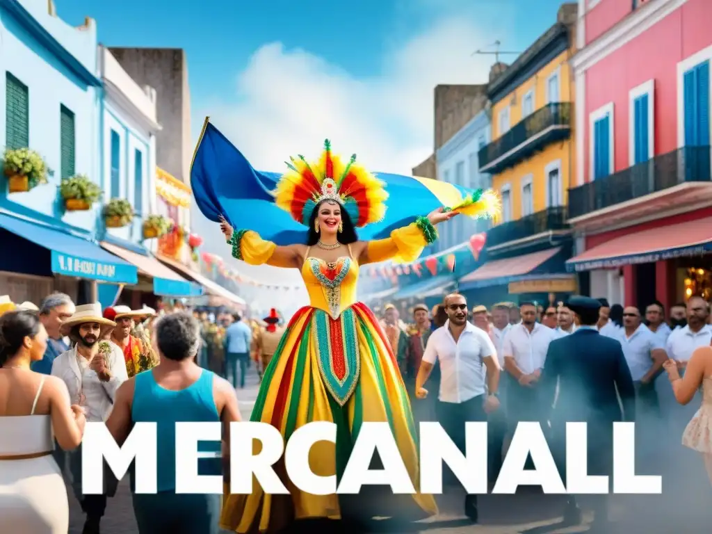 Colorido Carnaval en Uruguay: Venta de Merchandising Oficial Un vibrante Carnaval en Uruguay con desfiles coloridos, gente bailando y Merchandising Oficial