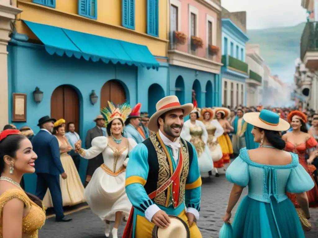 Carnaval en Uruguay: Escena vibrante llena de color y energía Vibrante ilustración acuarela del Carnaval en Uruguay, con desfiles, trajes tradicionales y espectadores entusiastas