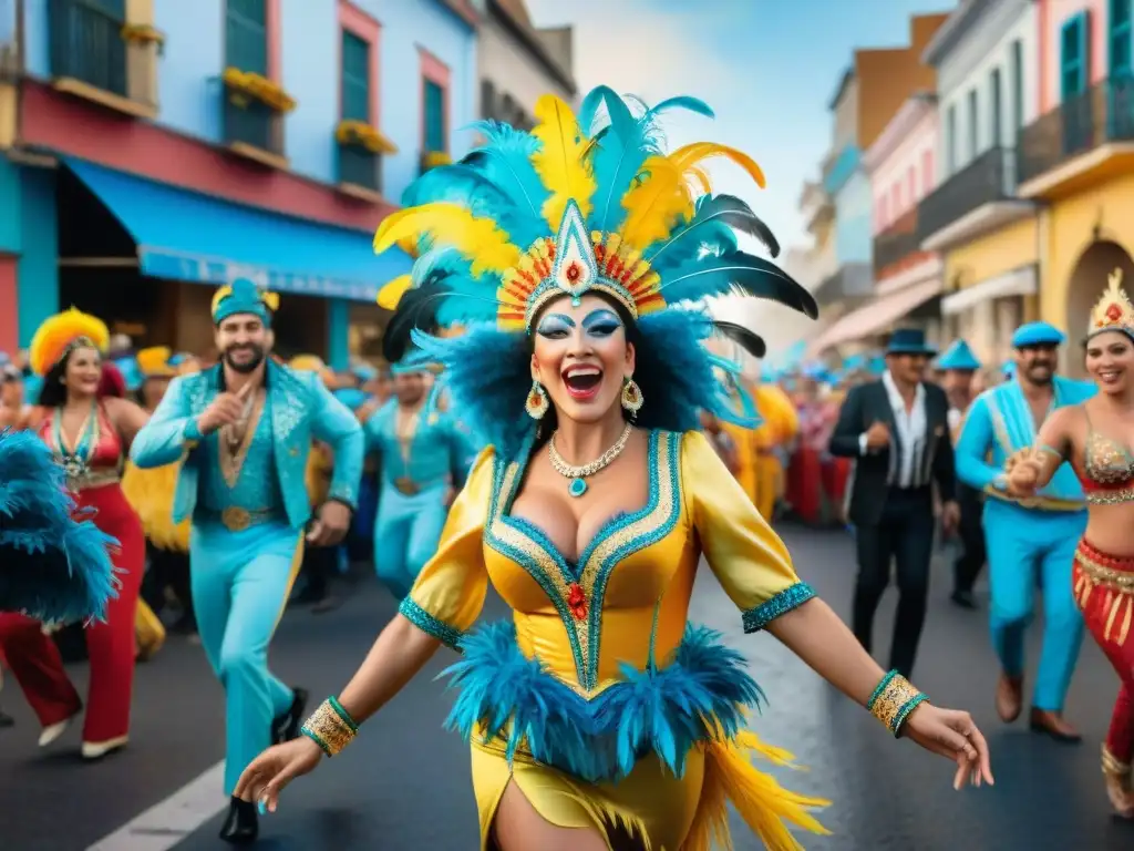 Carnaval en Uruguay: Color y alegría en las calles Una ilustración acuarela vibrante del Carnaval en Uruguay: bailarines, música y desfiles