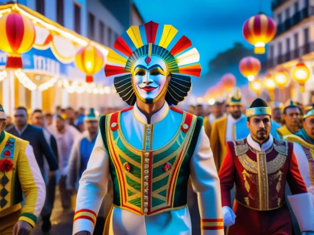 Deslumbrante carnaval uruguayo: pintura acuarela de la alegre celebración Vibrante carnaval en Uruguay: deslumbrantes carrozas, danzas y espectadores en las calles iluminadas por faroles y fuegos artificiales