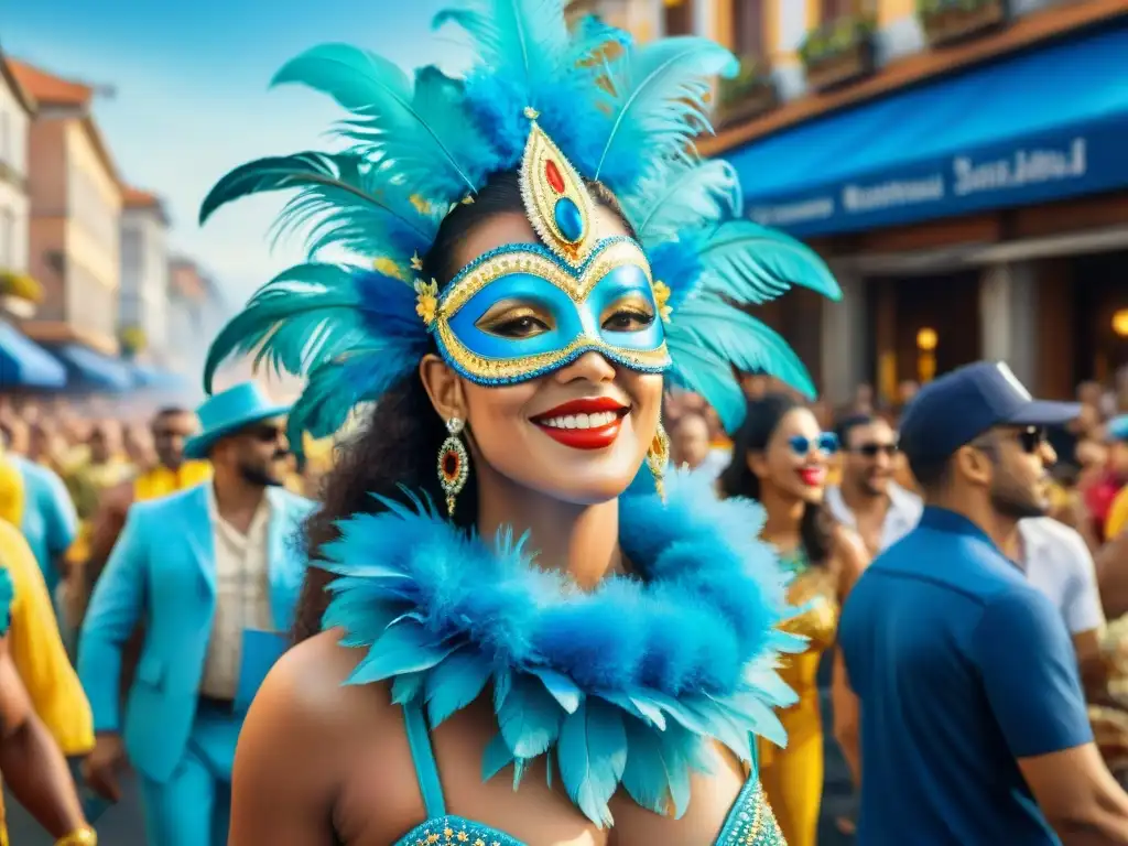 Pintura acuarela detallada del Carnaval de Brasil: alegría y colorido Vibrante Carnaval en Brasil con deslumbrantes carrozas, trajes coloridos y bailarines de samba bajo cielo azul - Receta tradicional pastel de carne