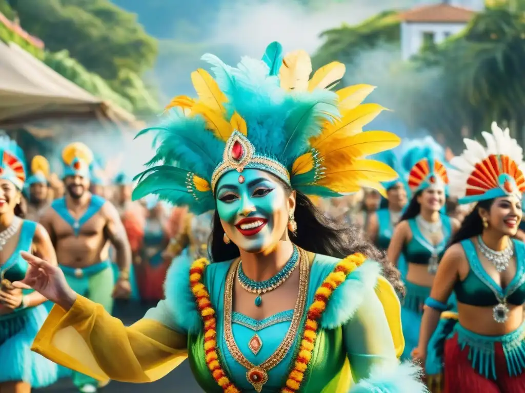 Pintura detallada del Carnaval en Uruguay: alegría y color Vibrante Carnaval en Uruguay: detallada acuarela con impacto ambiental, vestuarios elaborados y música tradicional