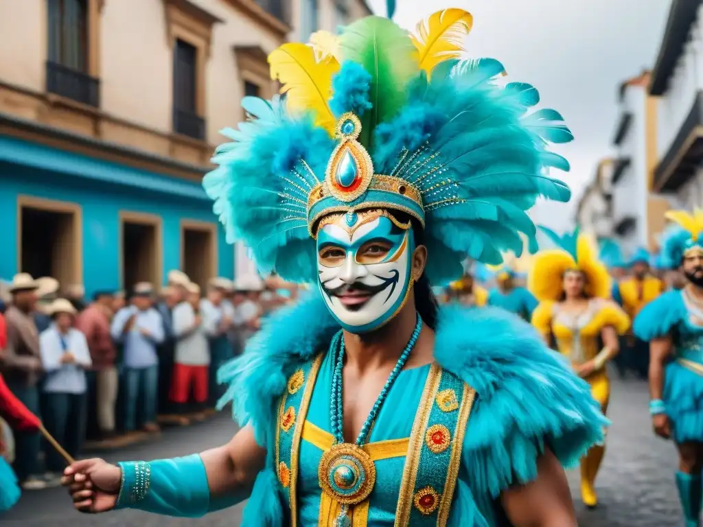 Deslumbrante desfile de Carnaval en Uruguay Una vibrante ilustración acuarela del Carnaval en Uruguay con detallados trajes y expresiones alegres de los Ilustradores del Carnaval Uruguayo