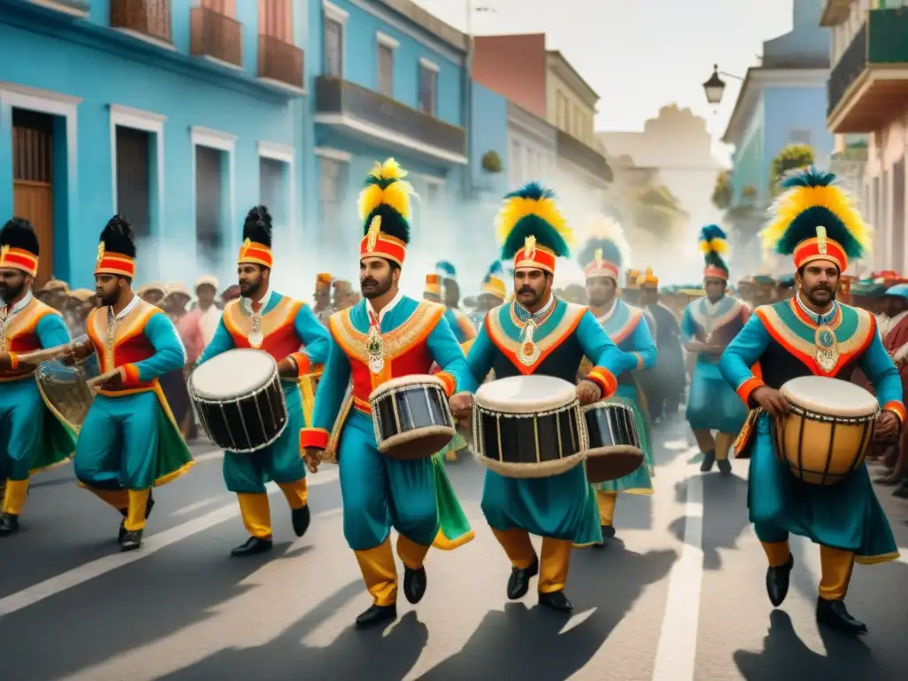 Colorido Carnaval en Uruguay: Celebración de Candombe Vibrante Carnaval en Uruguay: historia del candombe en detalle, con figuras históricas, músicos y bailarines coloridos