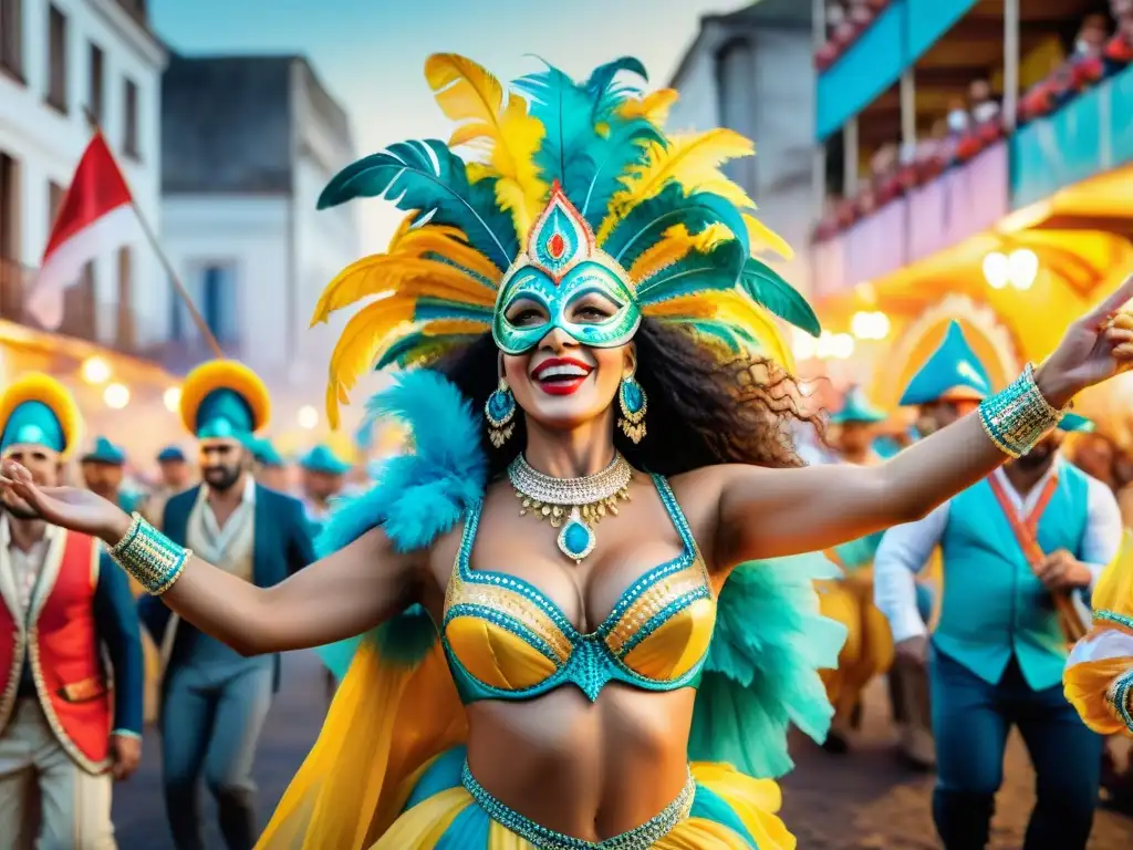 Vibrante Carnaval en Uruguay con detalles sostenibles y colorida alegría