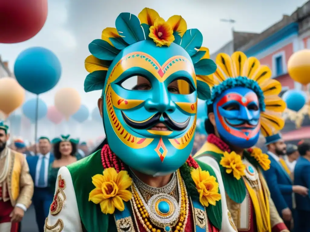 Float vibrante en el Carnaval de Uruguay: detallada acuarela festiva Float vibrante en el Carnaval de Uruguay, con diseños florales, máscaras y música tradicional