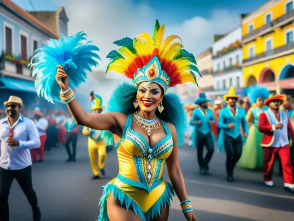 Desfile de Carnaval en Uruguay: colorido y alegría Ilustración acuarela del vibrante Carnaval en Uruguay, con disfraces, carrozas y bailarines alegres