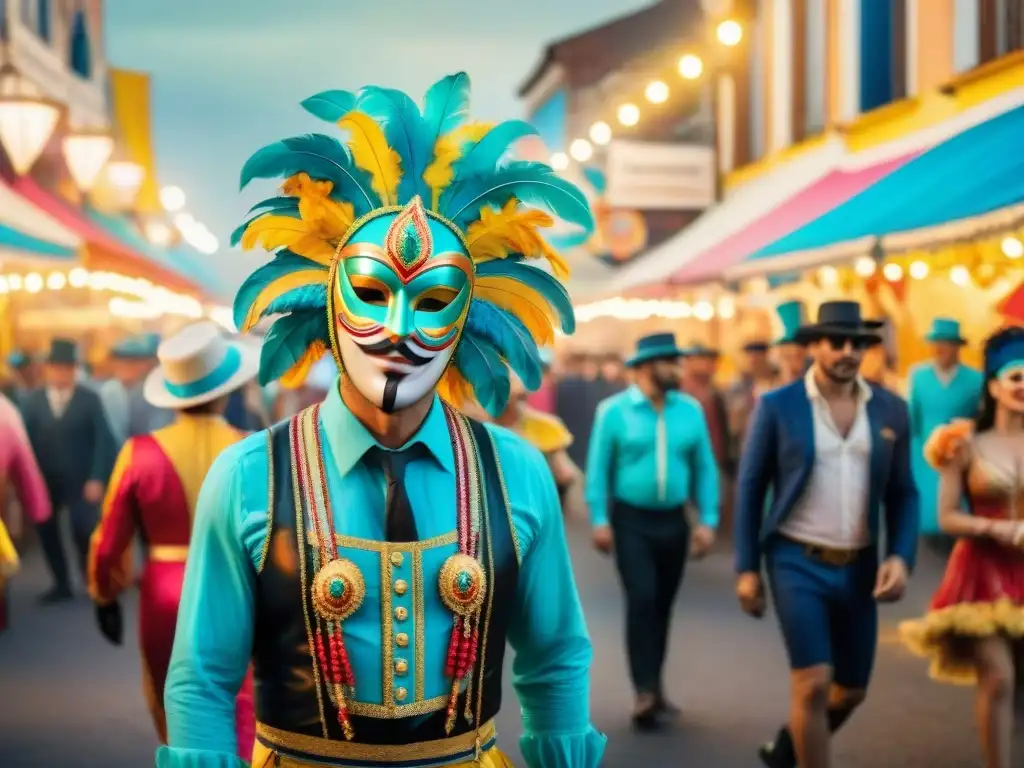 Carnaval en Uruguay: vibrante ilustración acuarela Una ilustración acuarela vibrante del Carnaval en Uruguay, con disfraces coloridos, música y desfiles